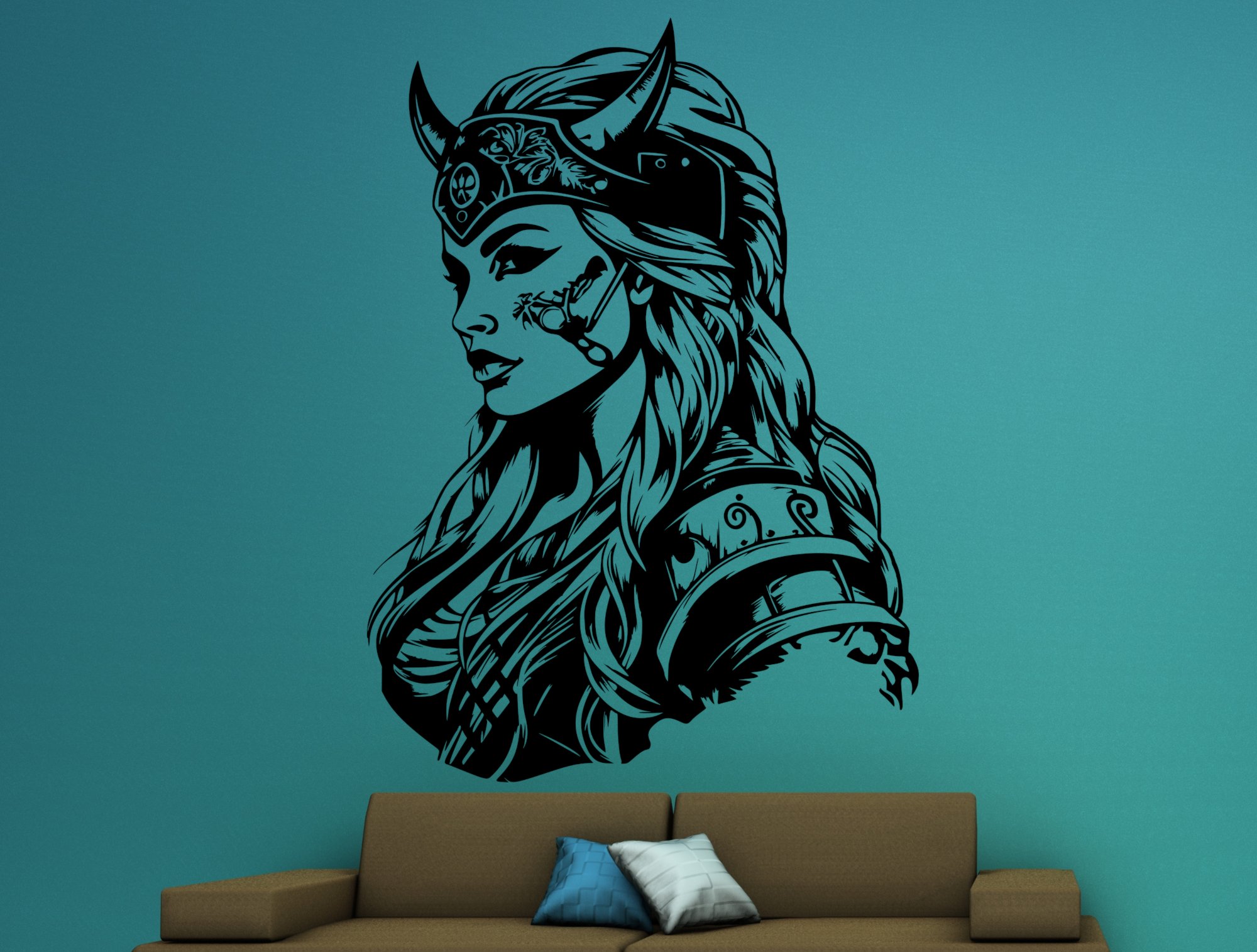 46380 Wikinger-Frau 1 Wandtattoo blaue Wand-braunes Sofa Mein-Motiv-de